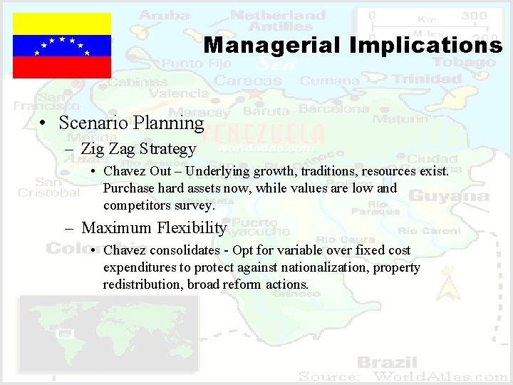 Managerial Implications • Scenario Planning – Zig Zag Strategy • Chavez Out – Underlying