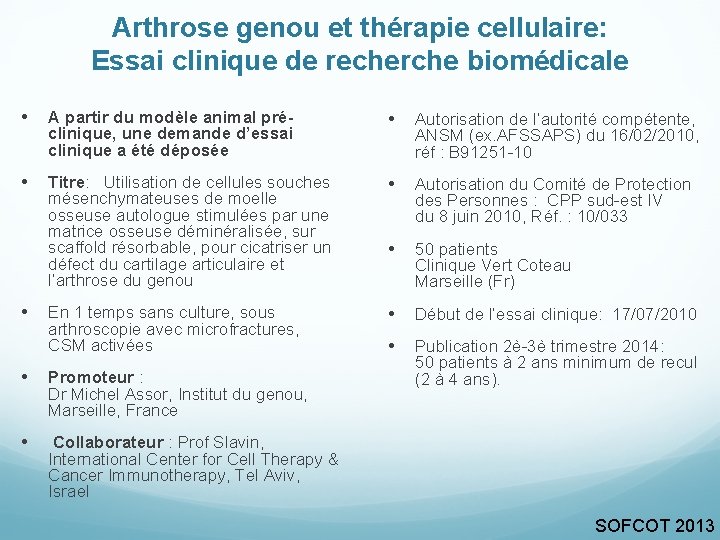 Arthrose genou et thérapie cellulaire: Essai clinique de recherche biomédicale • A partir du