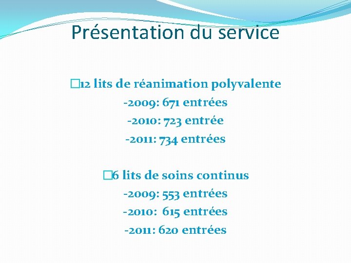 Présentation du service � 12 lits de réanimation polyvalente -2009: 671 entrées -2010: 723