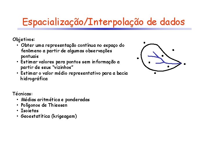 Espacialização/Interpolação de dados Objetivos: • Obter uma representação contínua no espaço do fenômeno a