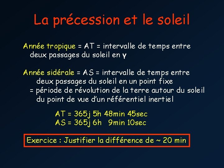 La précession et le soleil Année tropique = AT = intervalle de temps entre