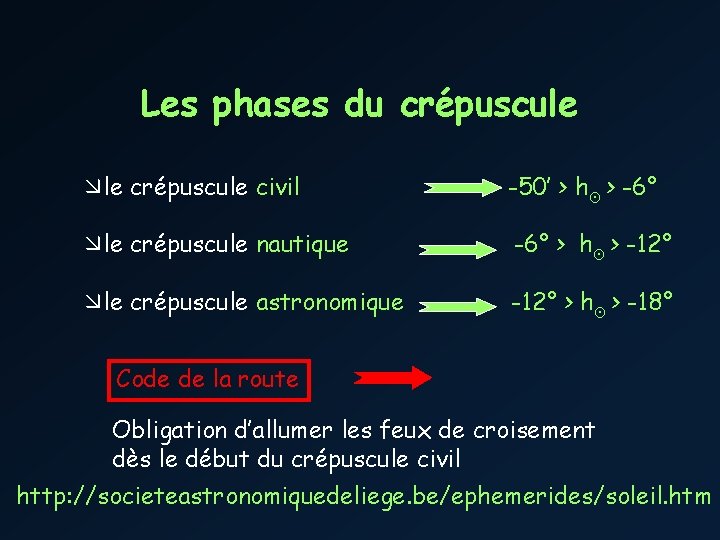 Les phases du crépuscule Ø le crépuscule civil -50’ > h¯ > -6° Ø