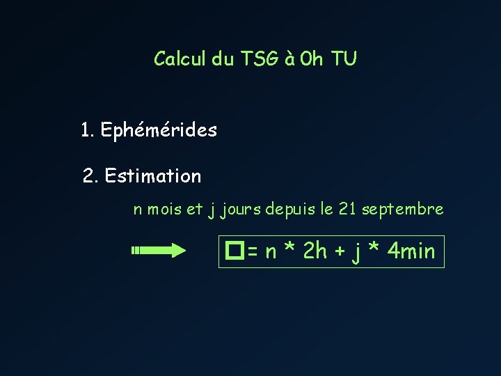 Calcul du TSG à 0 h TU 1. Ephémérides 2. Estimation n mois et