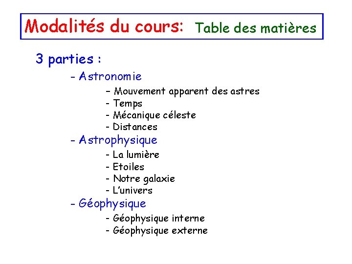 Modalités du cours: Table des matières 3 parties : - Astronomie - Mouvement apparent