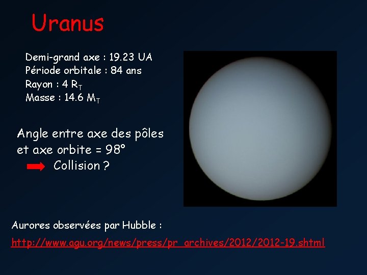 Uranus Demi-grand axe : 19. 23 UA Période orbitale : 84 ans Rayon :