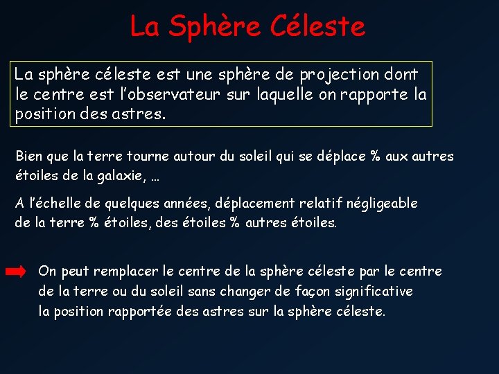La Sphère Céleste La sphère céleste est une sphère de projection dont le centre