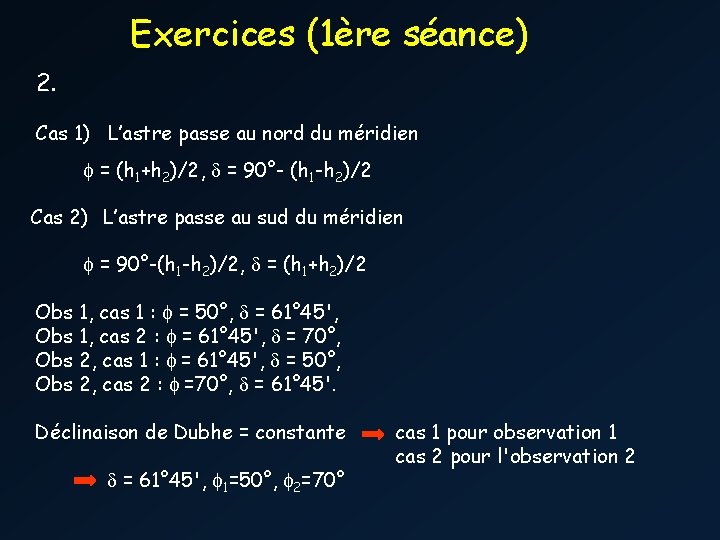 Exercices (1ère séance) 2. Cas 1) L’astre passe au nord du méridien f =