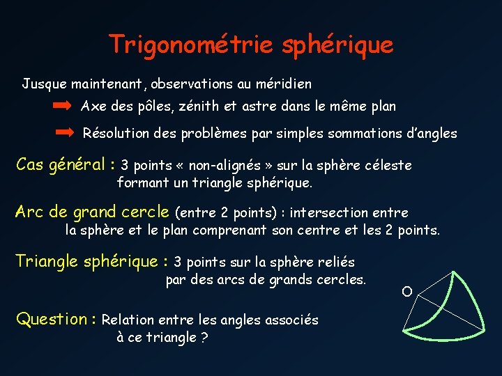 Trigonométrie sphérique Jusque maintenant, observations au méridien Axe des pôles, zénith et astre dans