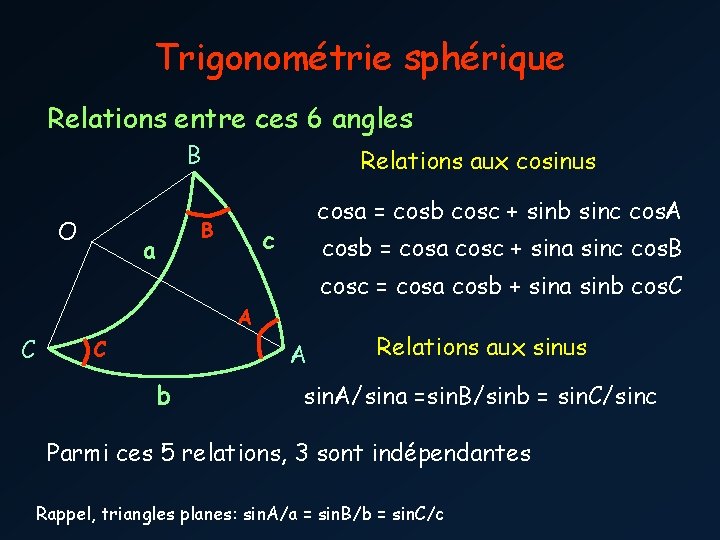 Trigonométrie sphérique Relations entre ces 6 angles B O Relations aux cosinus B a