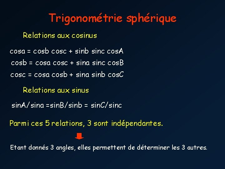 Trigonométrie sphérique Relations aux cosinus cosa = cosb cosc + sinb sinc cos. A