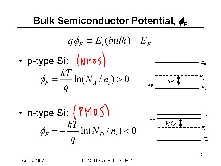 Bulk Semiconductor Potential, f. F • p-type Si: Ec EF • n-type Si: EF