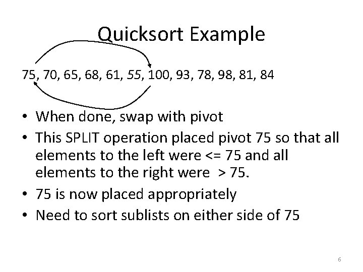 Quicksort Example 75, 70, 65, 68, 61, 55, 100, 93, 78, 98, 81, 84