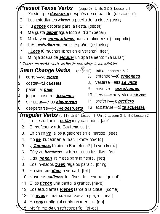 Present Tense Verbs (page 9) Units 2 & 3 Lessons 1 28 1. Yo