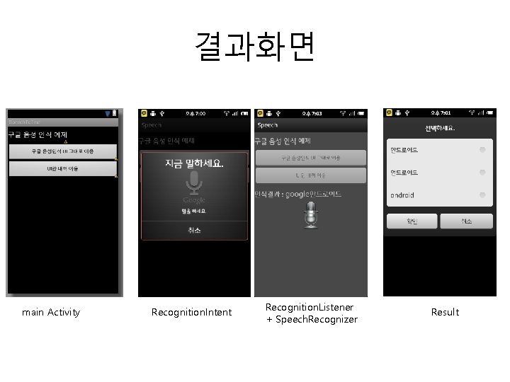 결과화면 main Activity Recognition. Intent Recognition. Listener + Speech. Recognizer Result 