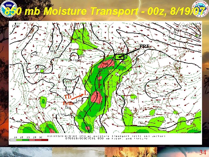 850 mb Moisture Transport - 00 z, 8/19/07 PRE TD Erin L 34 