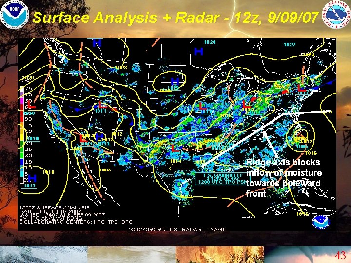 Surface Analysis + Radar - 12 z, 9/09/07 Ridge axis blocks inflow of moisture