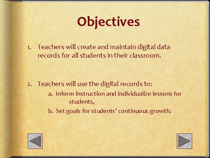 Objectives 1. Teachers will create and maintain digital data records for all students in