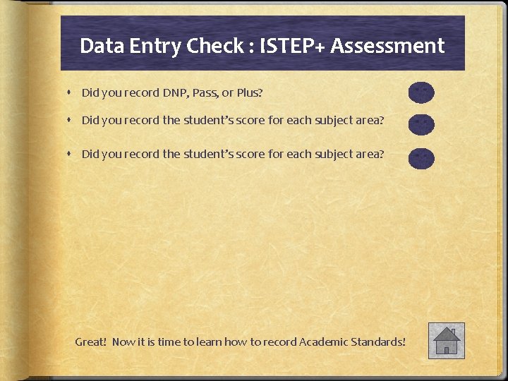 Data Entry Check : ISTEP+ Assessment Did you record DNP, Pass, or Plus? Did