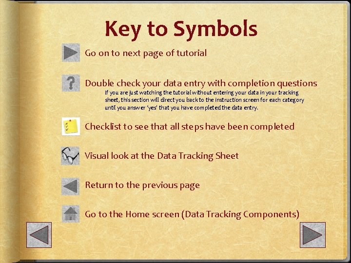 Key to Symbols Go on to next page of tutorial Double check your data