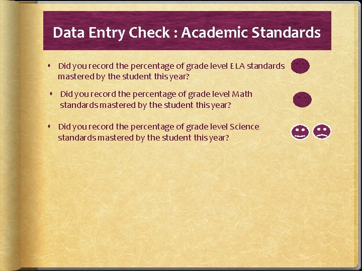Data Entry Check : Academic Standards Did you record the percentage of grade level