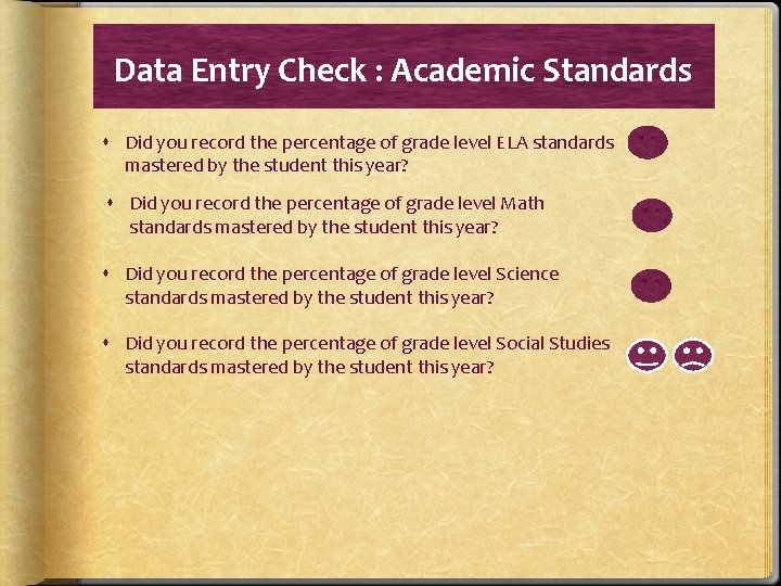 Data Entry Check : Academic Standards Did you record the percentage of grade level
