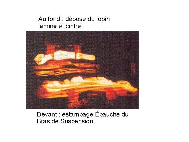 Au fond : dépose du lopin laminé et cintré. Devant : estampage Ébauche du