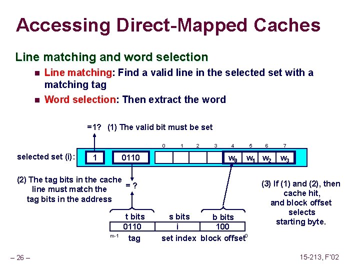 Accessing Direct-Mapped Caches Line matching and word selection n n Line matching: Find a