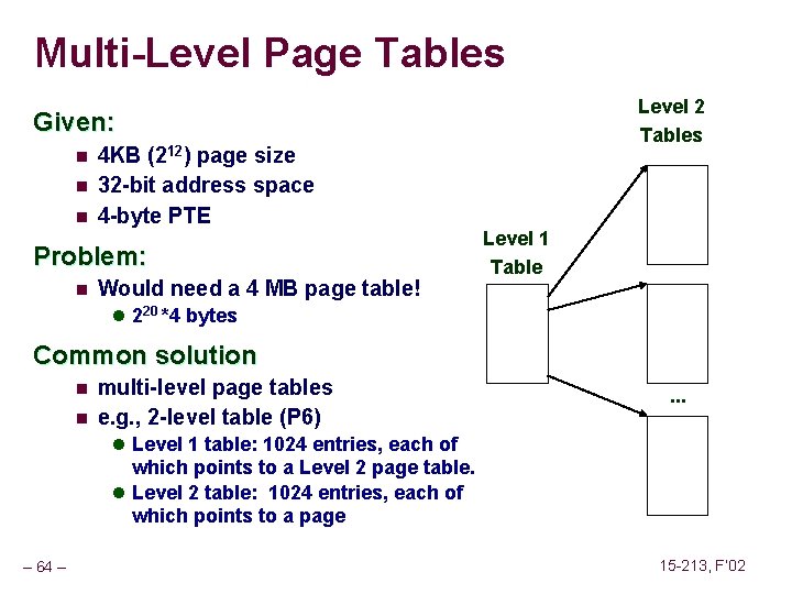 Multi-Level Page Tables Level 2 Tables Given: n n n 4 KB (212) page