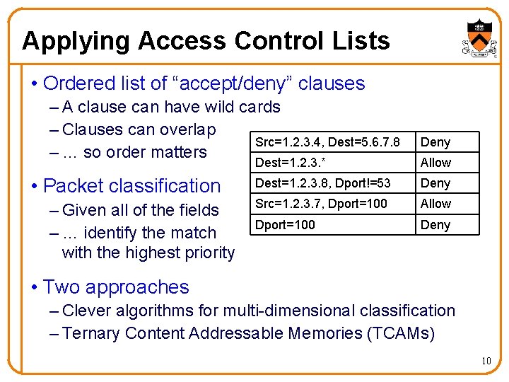 Applying Access Control Lists • Ordered list of “accept/deny” clauses – A clause can