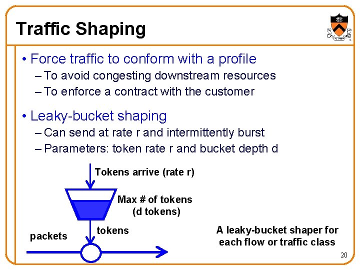 Traffic Shaping • Force traffic to conform with a profile – To avoid congesting