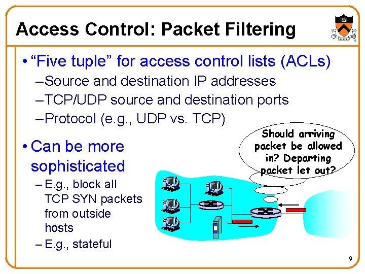 Access Control: Packet Filtering • “Five tuple” for access control lists (ACLs) – Source