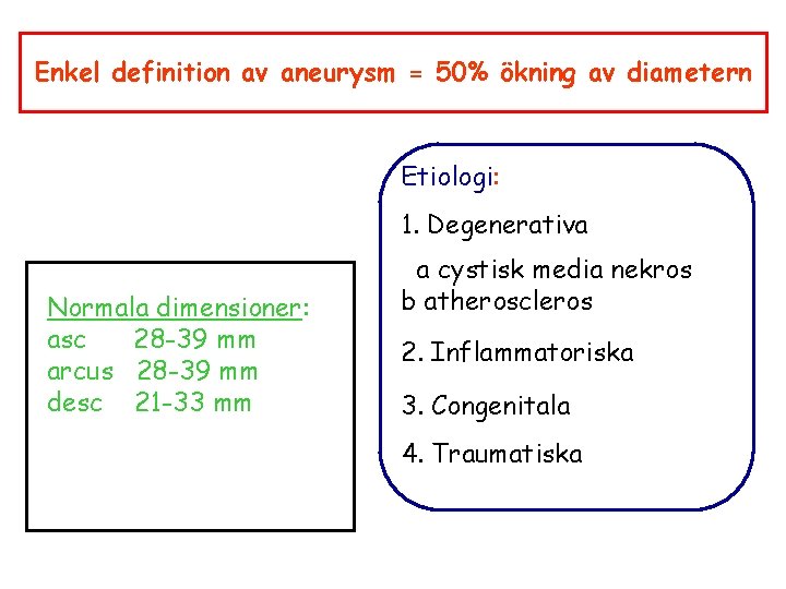 Enkel definition av aneurysm = 50% ökning av diametern Etiologi: 1. Degenerativa Normala dimensioner: