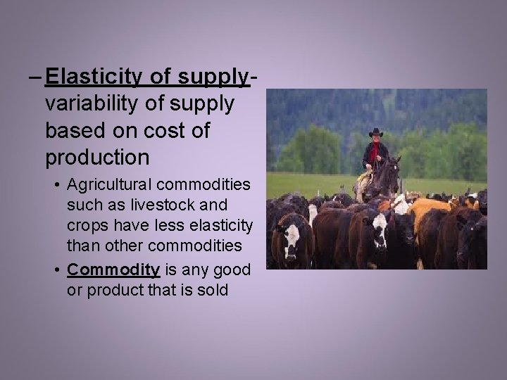 – Elasticity of supplyvariability of supply based on cost of production • Agricultural commodities – Elasticity of supplyvariability of supply based on cost of production • Agricultural commodities