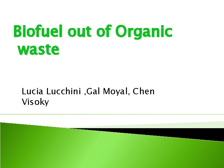 Biofuel out of Organic waste Lucia Lucchini , Gal Moyal, Chen Visoky 