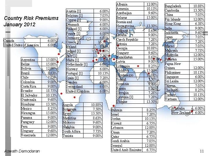 Country Risk Premiums January 2012 Canada United States of America Argentina Belize Bolivia Brazil
