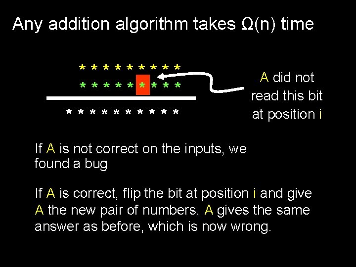 Any addition algorithm takes Ω(n) time ********* A did not read this bit at