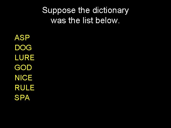 Suppose the dictionary was the list below. ASP DOG LURE GOD NICE RULE SPA