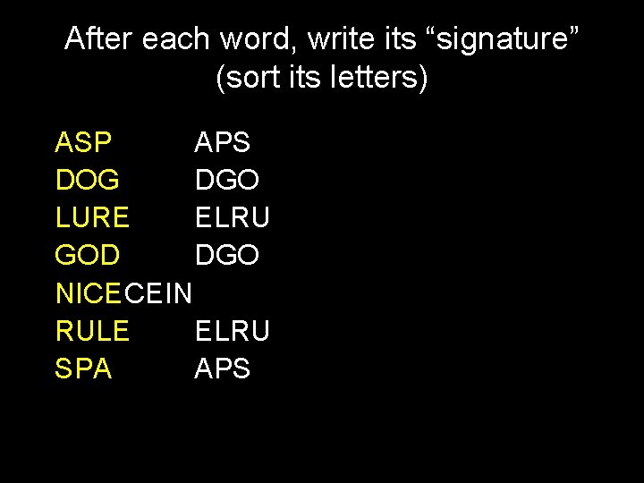 After each word, write its “signature” (sort its letters) ASP APS DOG DGO LURE