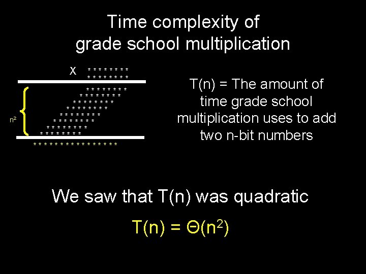 Time complexity of grade school multiplication X n 2 ******** ******** ******** T(n) =