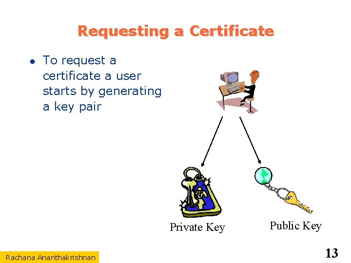 Requesting a Certificate To request a certificate a user starts by generating a key