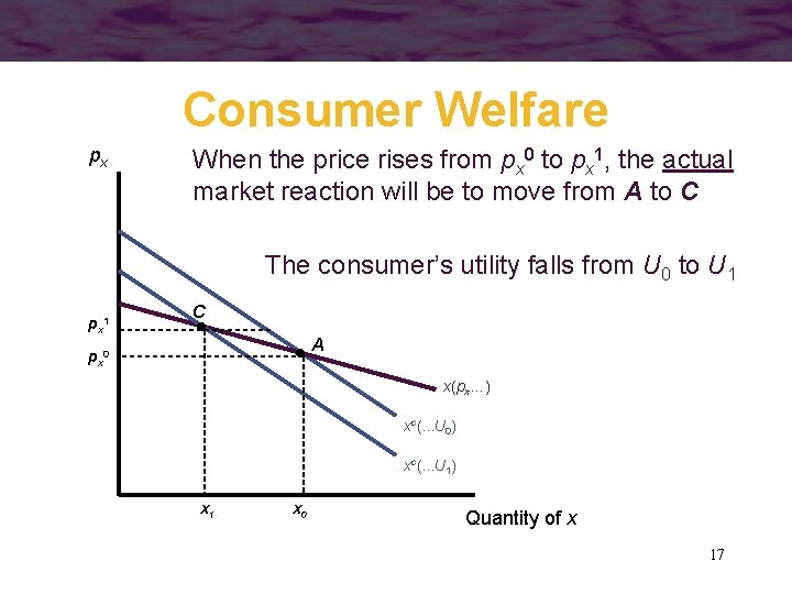 Consumer Welfare px When the price rises from px 0 to px 1, the