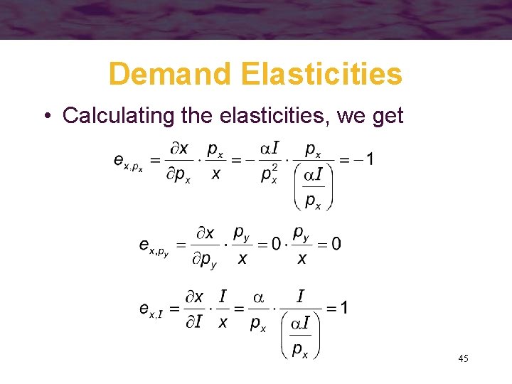 Demand Elasticities • Calculating the elasticities, we get 45 