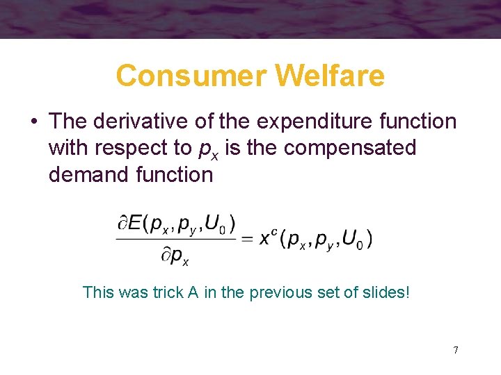 Consumer Welfare • The derivative of the expenditure function with respect to px is