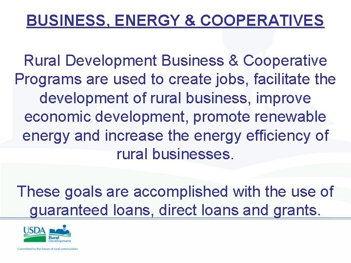 BUSINESS, ENERGY & COOPERATIVES Rural Development Business & Cooperative Programs are used to create