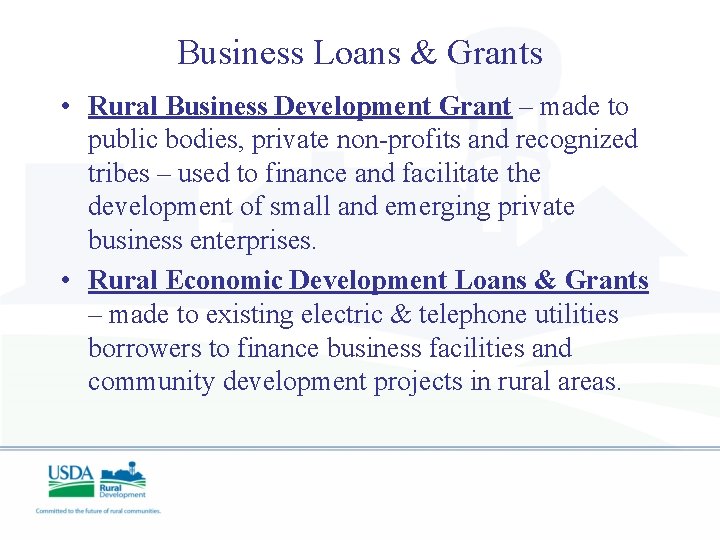 Business Loans & Grants • Rural Business Development Grant – made to public bodies,