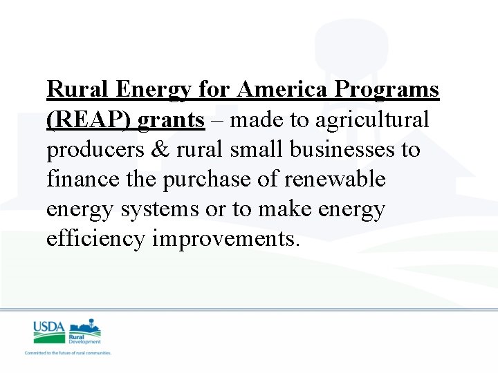 Rural Energy for America Programs (REAP) grants – made to agricultural producers & rural