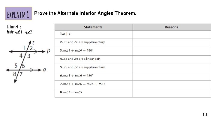 explain 1 Prove the Alternate Interior Angles Theorem. Given: p ‖ q Prove: m∠