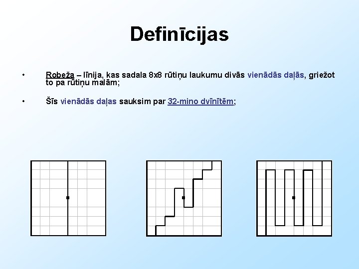 Definīcijas • Robeža – līnija, kas sadala 8 x 8 rūtiņu laukumu divās vienādās