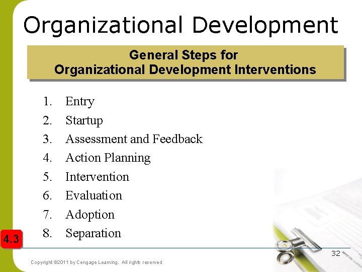 Organizational Development General Steps for Organizational Development Interventions 4. 3 1. 2. 3. 4.