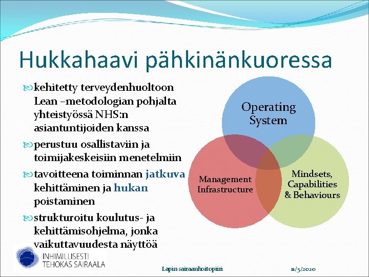 Hukkahaavi pähkinänkuoressa kehitetty terveydenhuoltoon Lean –metodologian pohjalta yhteistyössä NHS: n asiantuntijoiden kanssa perustuu osallistaviin